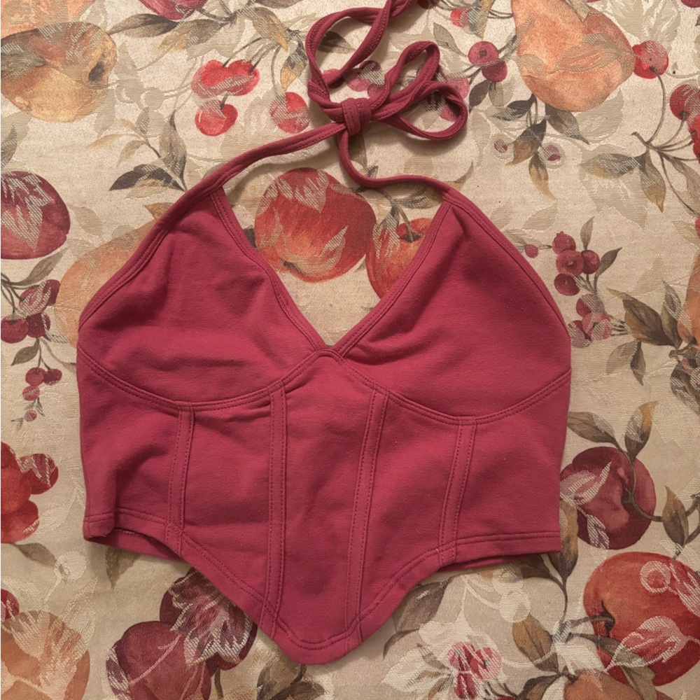 Ribbed Halter Crop Top - Deep Rose